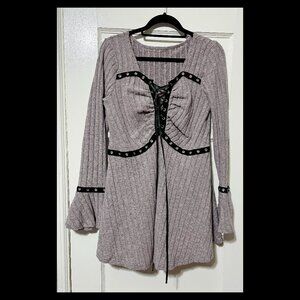 Yimanni Womens Rose Brown Ribbed Grommet Lace Up Long Sleeve Flare Top XL NWOT